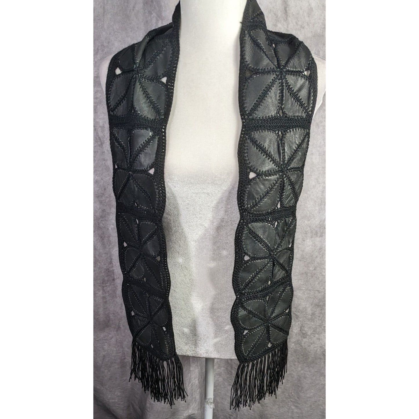 Vintage Bohemian Leather & Crochet Patchwork Scarf With Fringe