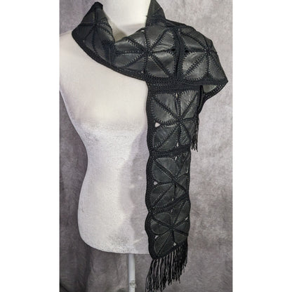 Vintage Bohemian Leather & Crochet Patchwork Scarf With Fringe