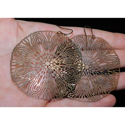 Floral Filigree Gold Tone Disc Earrings