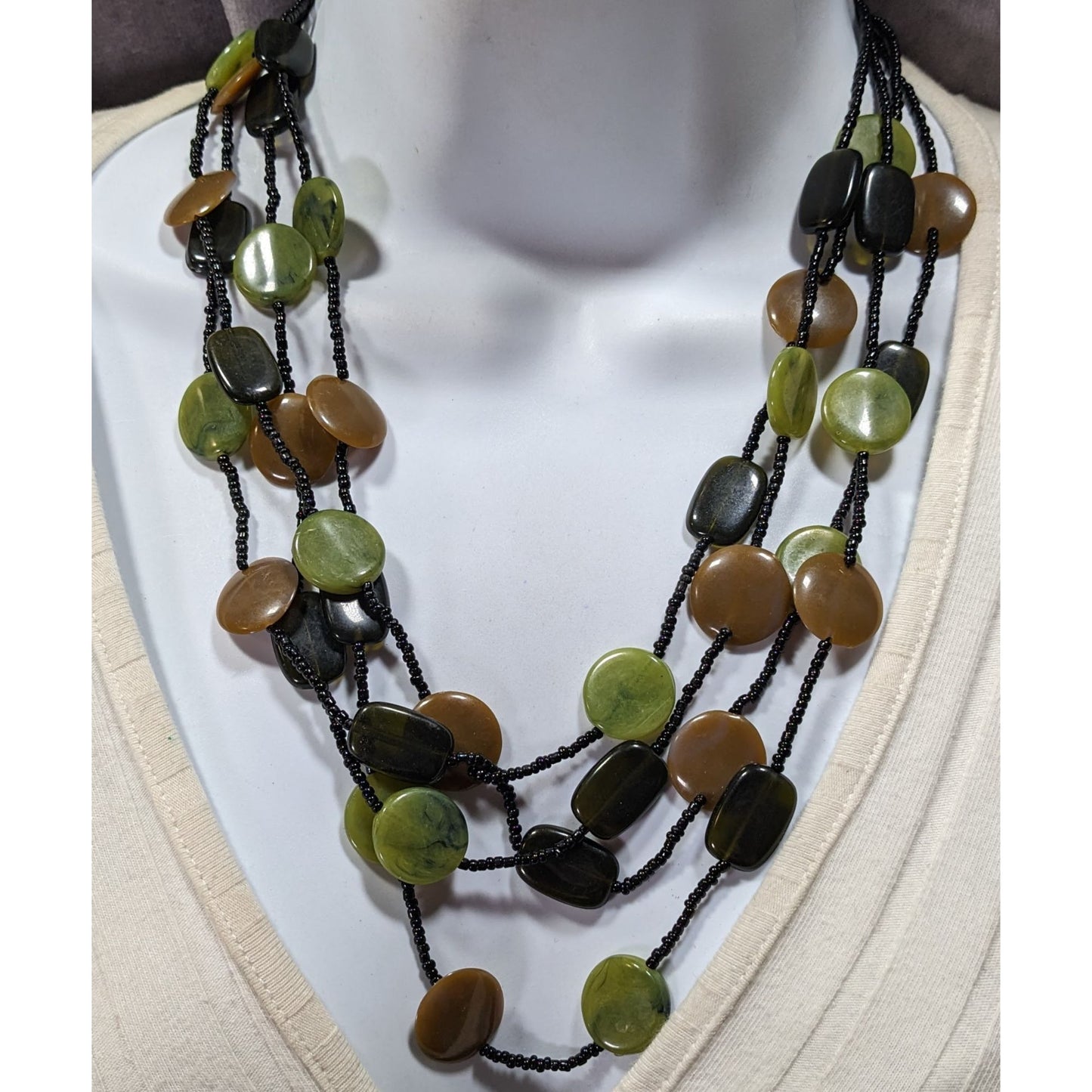 Retro Brown And Green Disc Beaded Layered Necklace