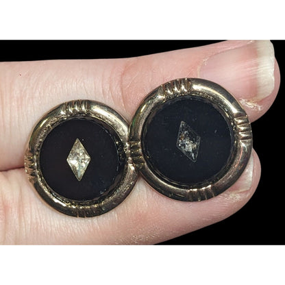 Vintage Black And Silver Tone Cuff Links With Clear Gem Inlay