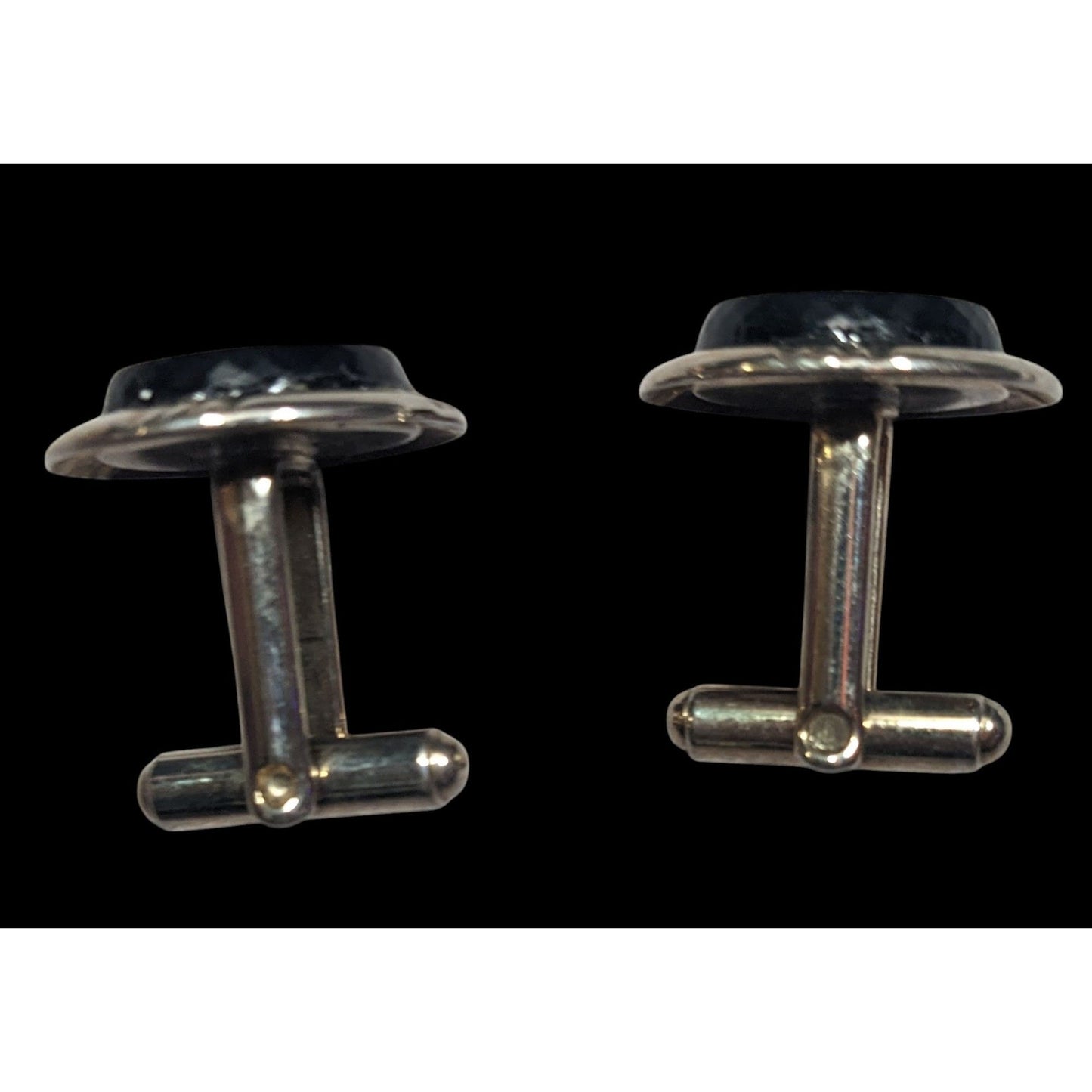 Vintage Black And Silver Tone Cuff Links With Clear Gem Inlay