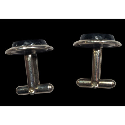 Vintage Black And Silver Tone Cuff Links With Clear Gem Inlay