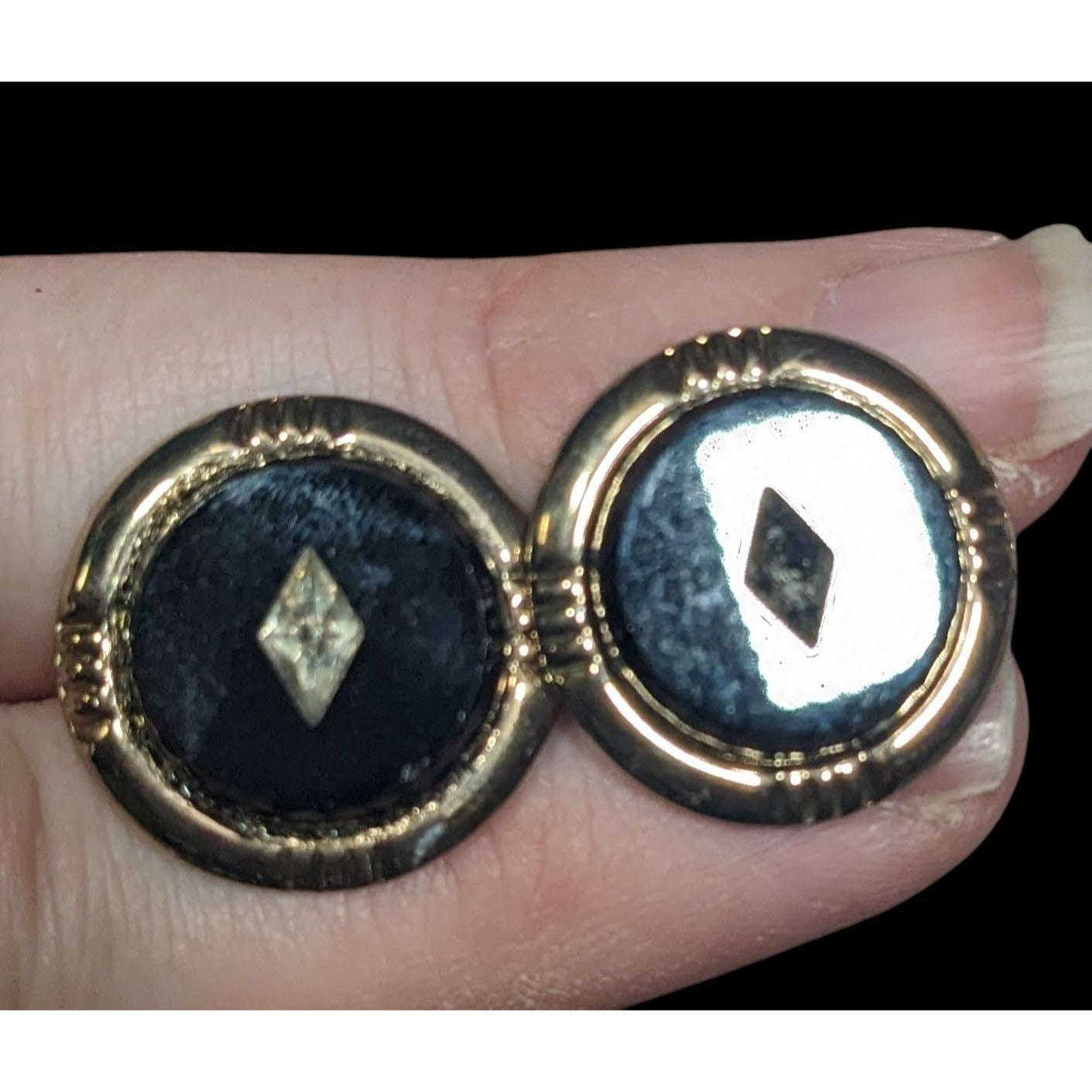 Vintage Black And Silver Tone Cuff Links With Clear Gem Inlay