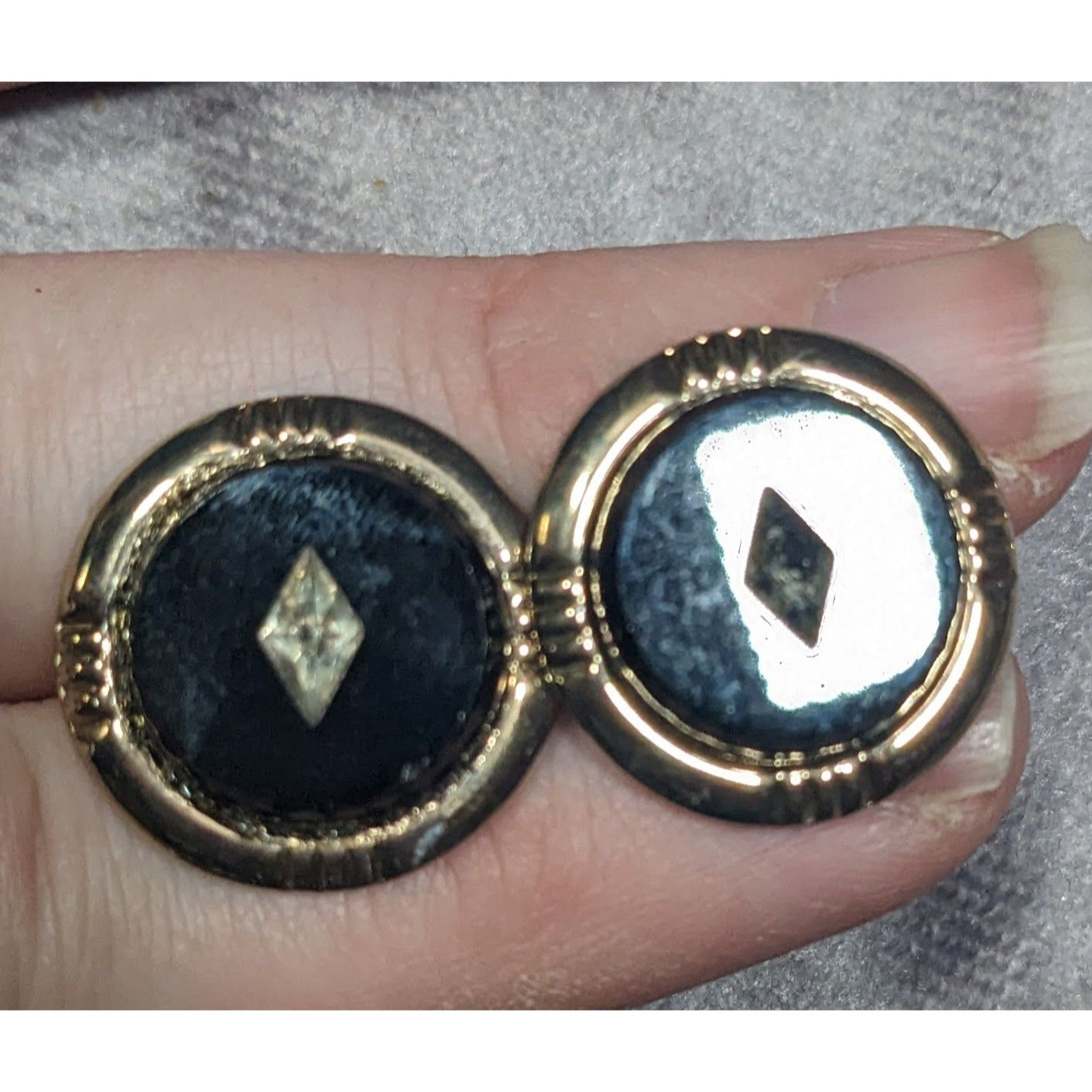 Vintage Black And Silver Tone Cuff Links With Clear Gem Inlay