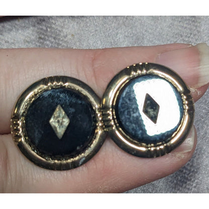 Vintage Black And Silver Tone Cuff Links With Clear Gem Inlay