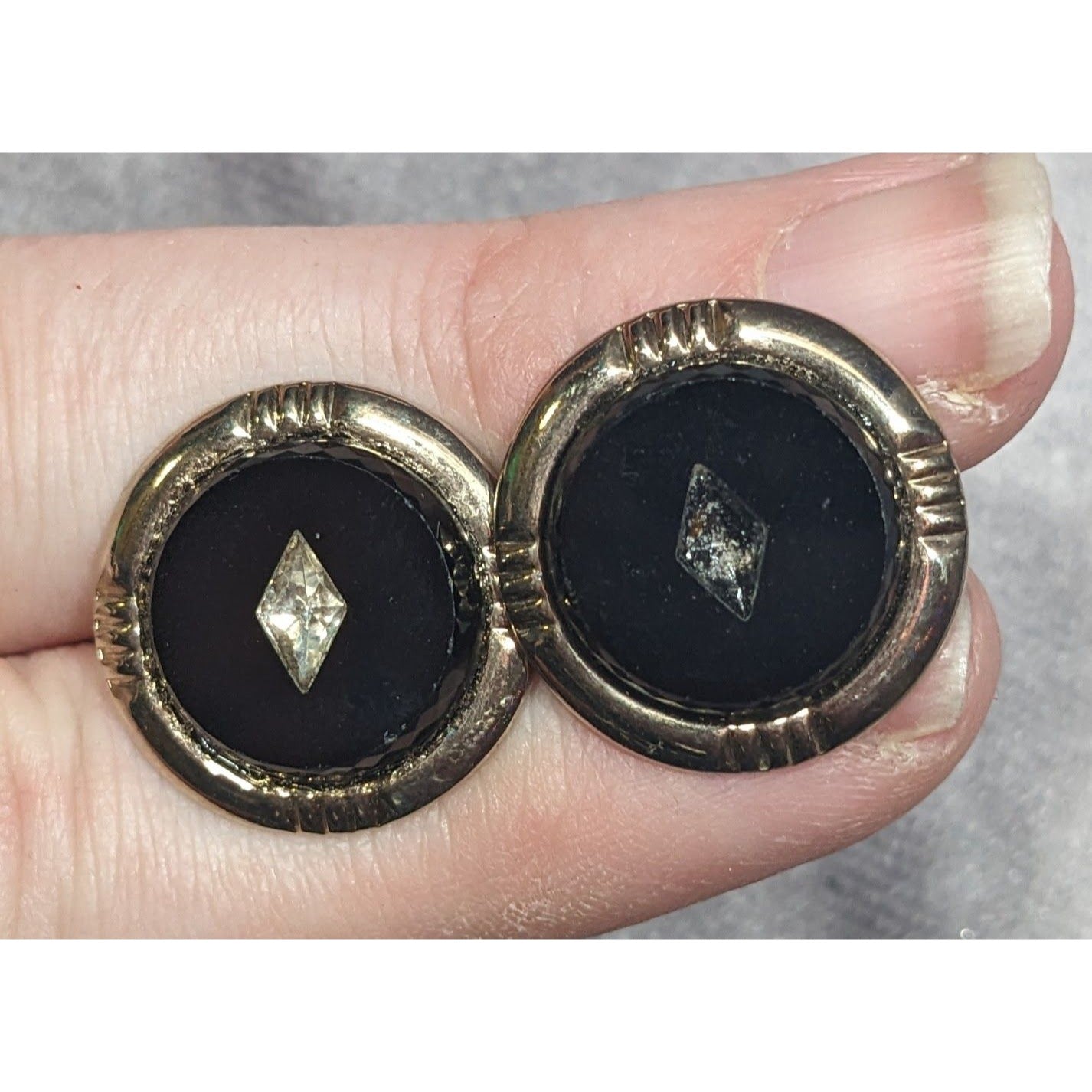 Vintage Black And Silver Tone Cuff Links With Clear Gem Inlay