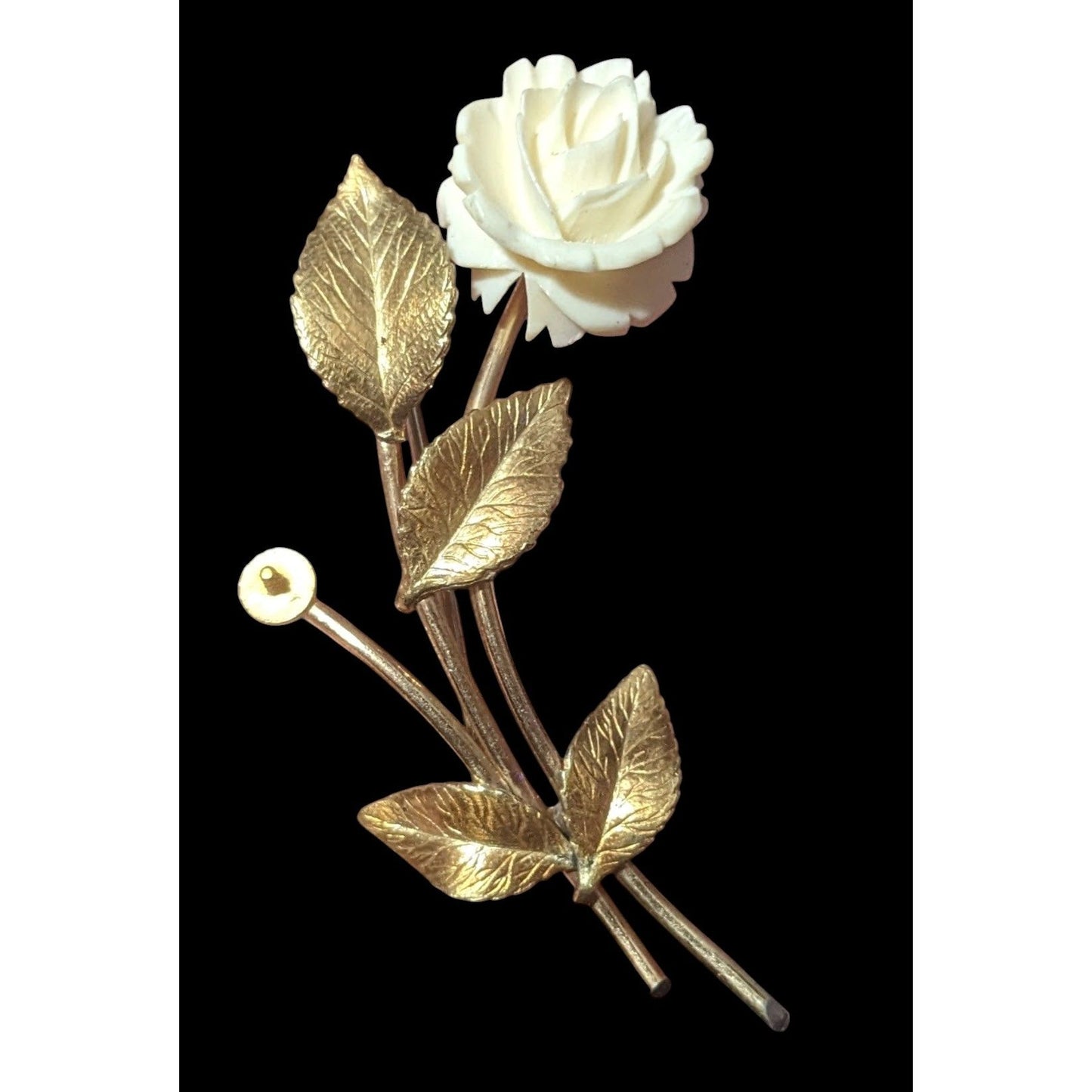 Vintage Krementz White Carved Rose Gold Tone Rose Brooch