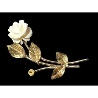 Vintage Krementz White Carved Rose Gold Tone Rose Brooch