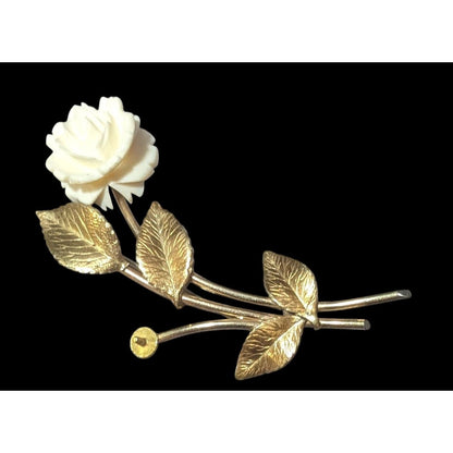 Vintage Krementz White Carved Rose Gold Tone Rose Brooch