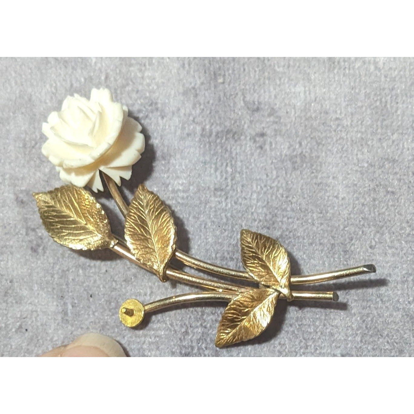 Vintage Krementz White Carved Rose Gold Tone Rose Brooch