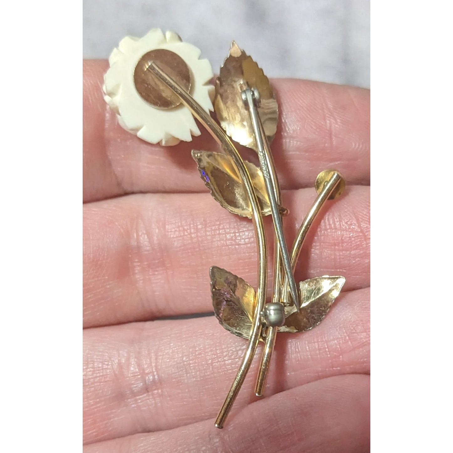 Vintage Krementz White Carved Rose Gold Tone Rose Brooch