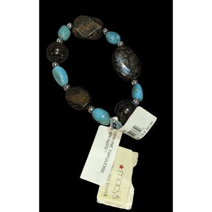 Boho Southwestern Genuine Turquoise Bronzite Sterling Silver Stretch Bracelet