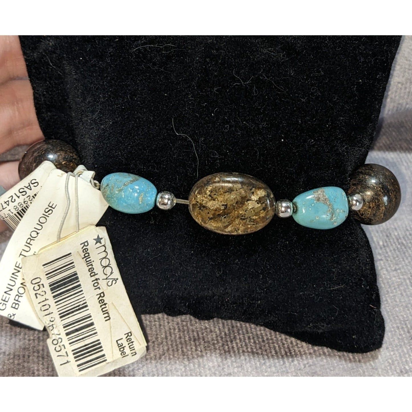 Boho Southwestern Genuine Turquoise Bronzite Sterling Silver Stretch Bracelet