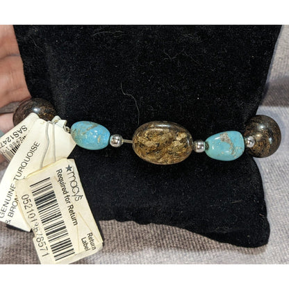 Boho Southwestern Genuine Turquoise Bronzite Sterling Silver Stretch Bracelet