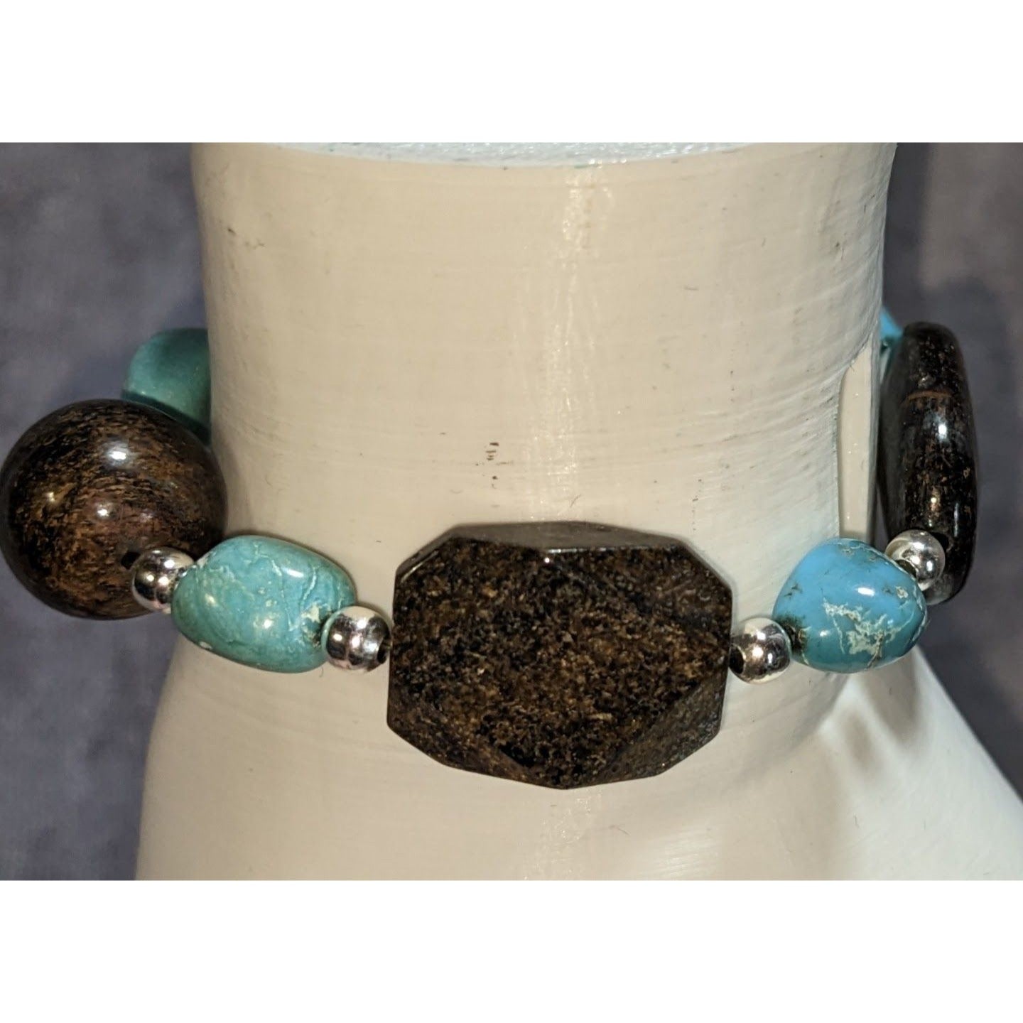 Boho Southwestern Genuine Turquoise Bronzite Sterling Silver Stretch Bracelet
