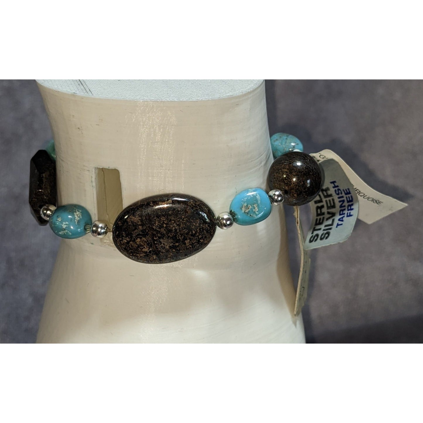 Boho Southwestern Genuine Turquoise Bronzite Sterling Silver Stretch Bracelet