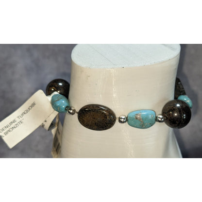 Boho Southwestern Genuine Turquoise Bronzite Sterling Silver Stretch Bracelet