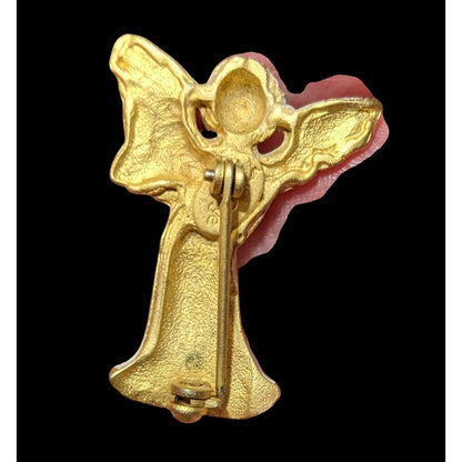 Vintage Gold Tone Angel Playing And Instrument Brooch