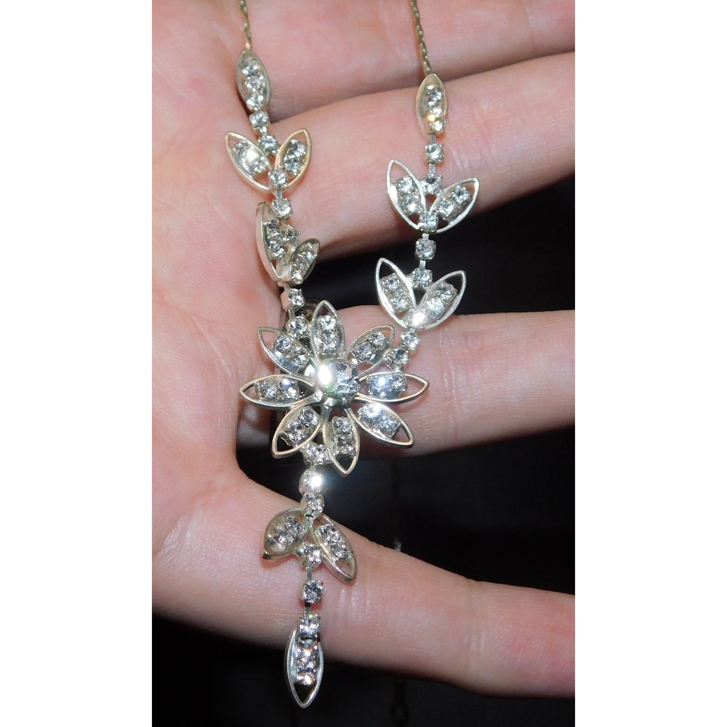 Fairycore Bridal Rhinestone Floral Silver Tone Necklace