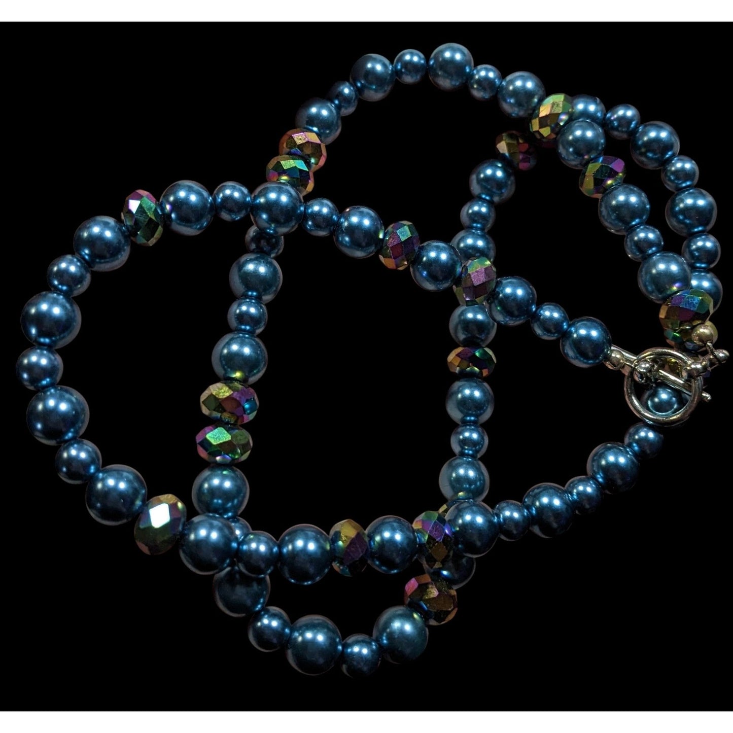Handmade Mermaidcore Metallic Blue Faux Pearl And AB Glass Beaded Necklace