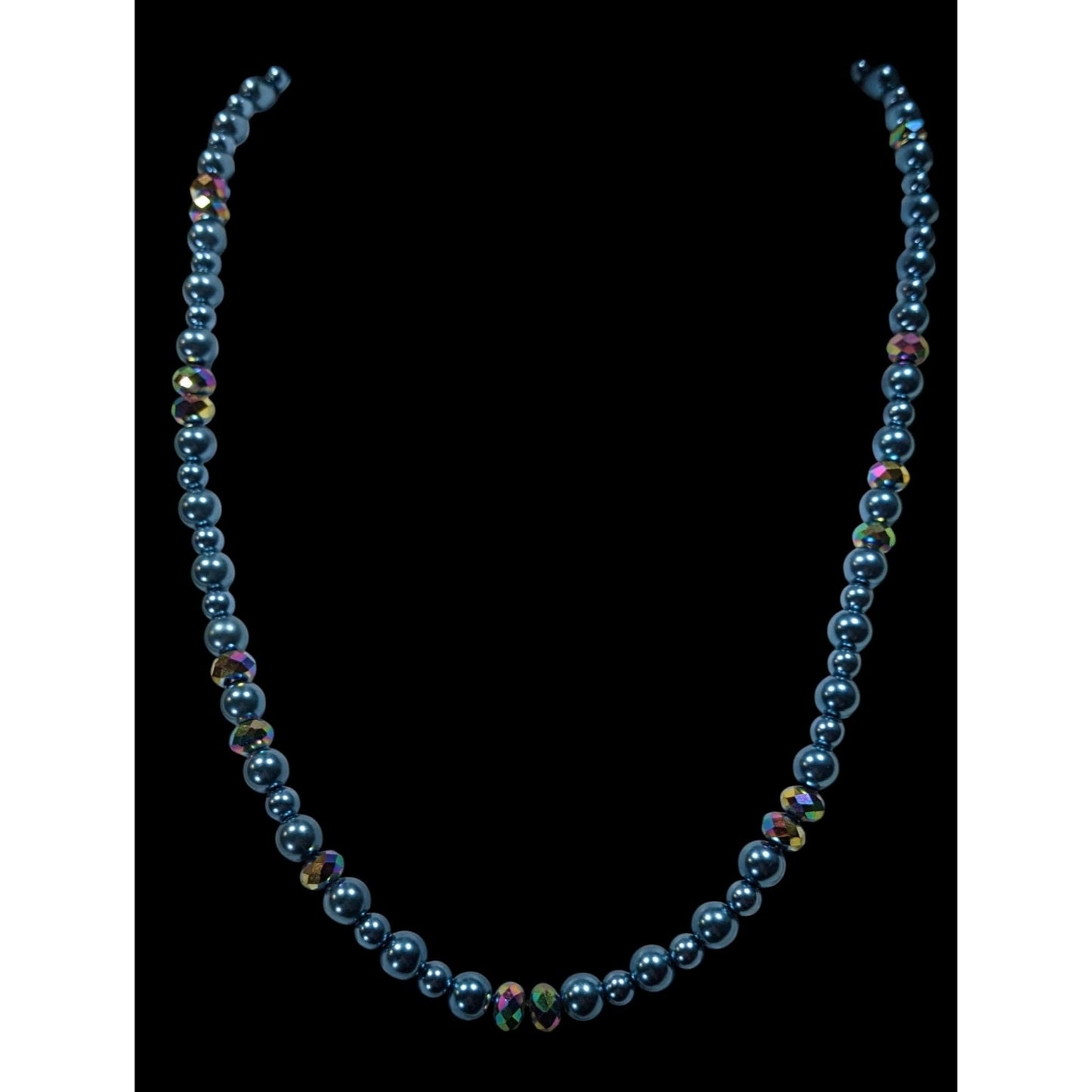 Handmade Mermaidcore Metallic Blue Faux Pearl And AB Glass Beaded Necklace