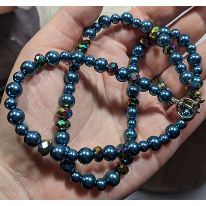 Handmade Mermaidcore Metallic Blue Faux Pearl And AB Glass Beaded Necklace