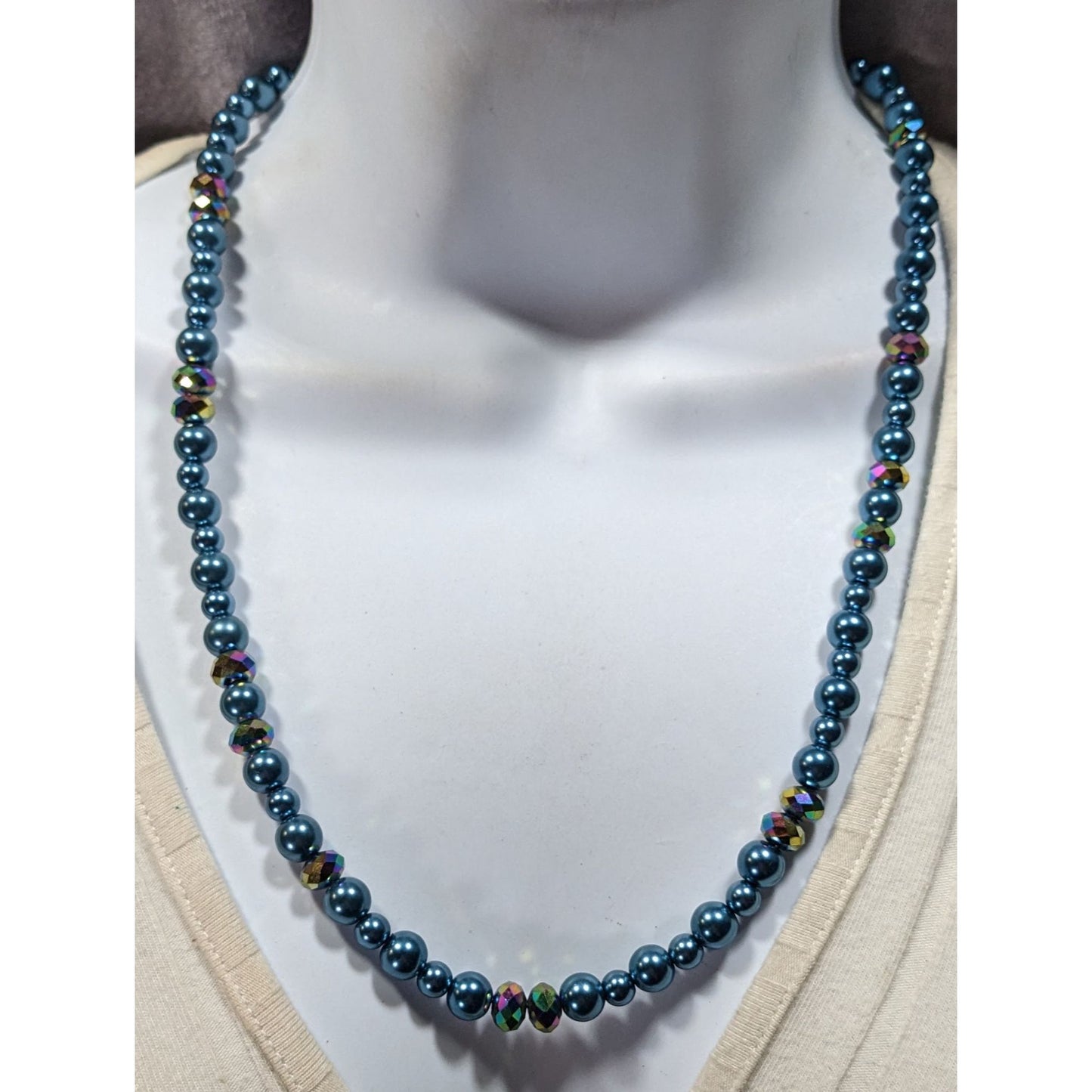 Handmade Mermaidcore Metallic Blue Faux Pearl And AB Glass Beaded Necklace