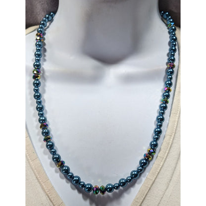 Handmade Mermaidcore Metallic Blue Faux Pearl And AB Glass Beaded Necklace