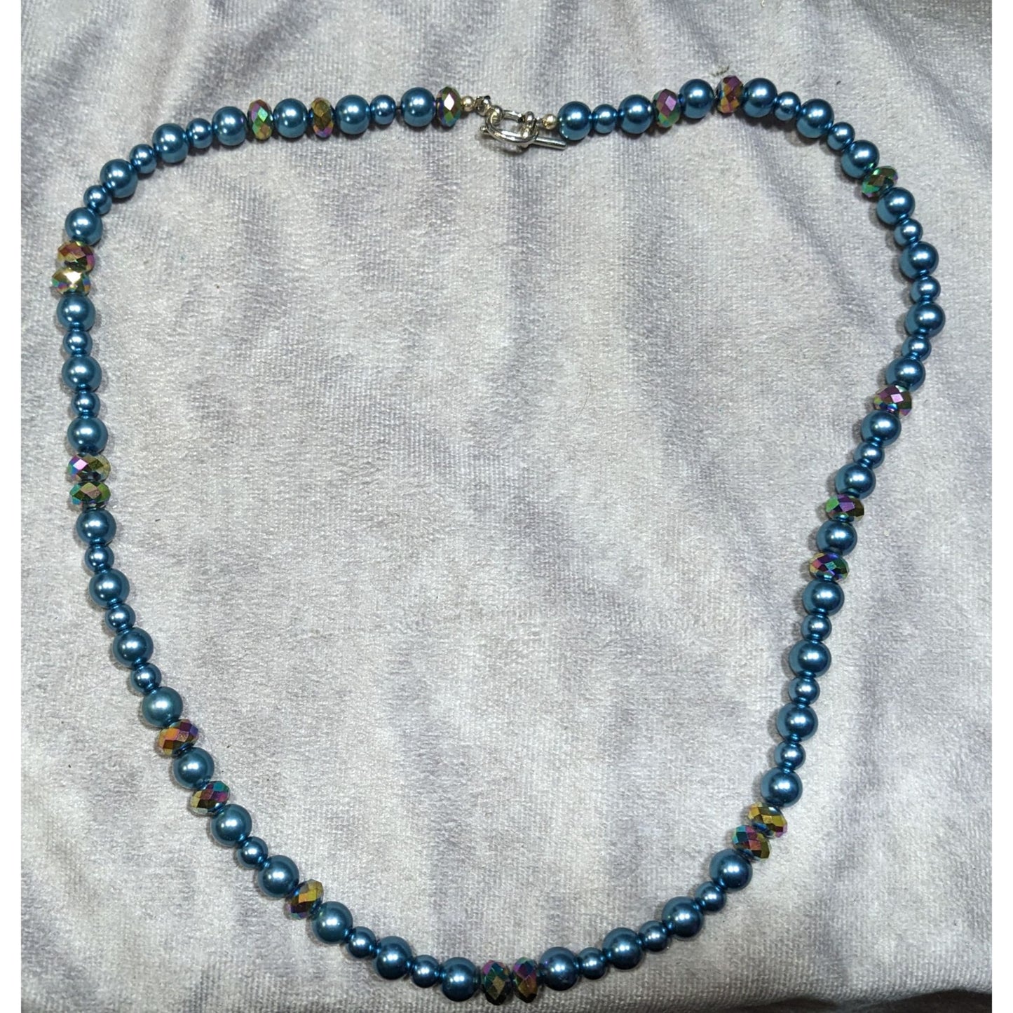 Handmade Mermaidcore Metallic Blue Faux Pearl And AB Glass Beaded Necklace