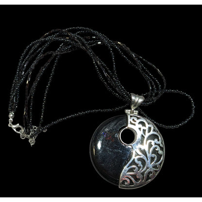 Floral Overlay Black And Silver Tone Pendant Necklace With Black Glass Beads