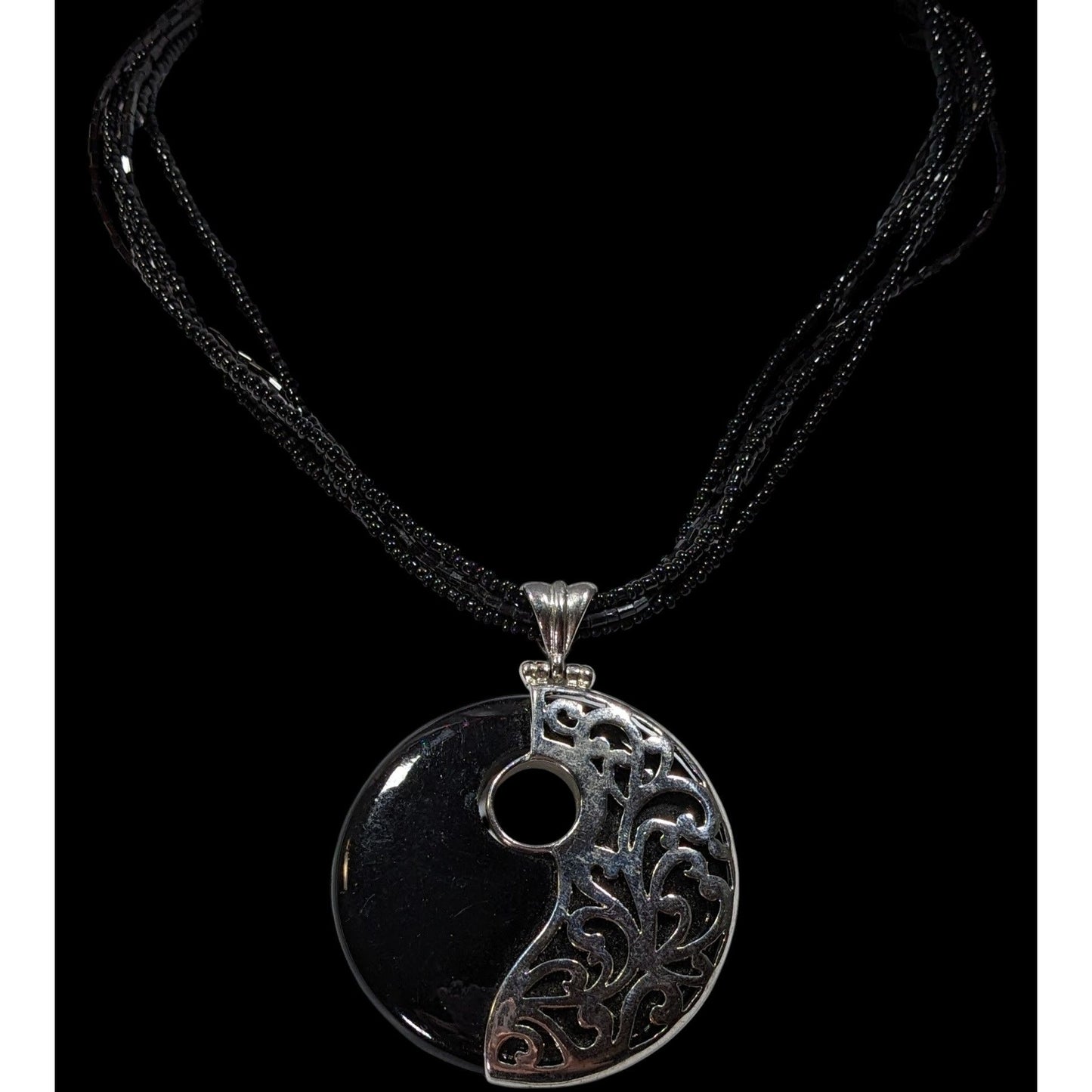 Floral Overlay Black And Silver Tone Pendant Necklace With Black Glass Beads