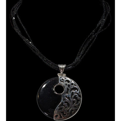 Floral Overlay Black And Silver Tone Pendant Necklace With Black Glass Beads