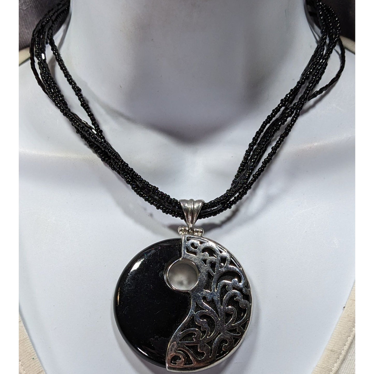 Floral Overlay Black And Silver Tone Pendant Necklace With Black Glass Beads