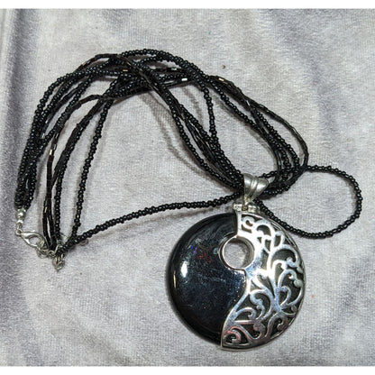 Floral Overlay Black And Silver Tone Pendant Necklace With Black Glass Beads
