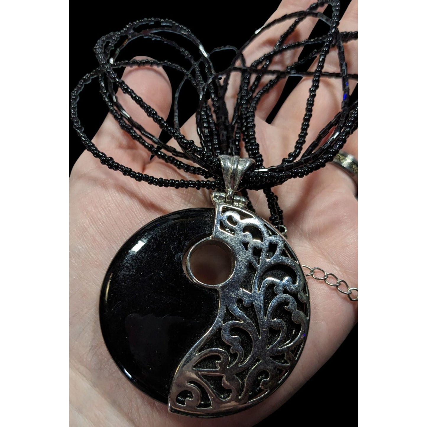 Floral Overlay Black And Silver Tone Pendant Necklace With Black Glass Beads