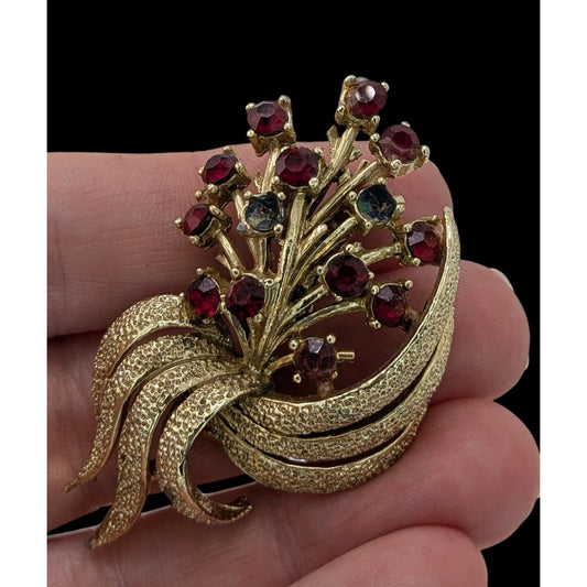 Vintage Red Rhinestone Floral Brooch Gold Tone Bouquet Statement Pin