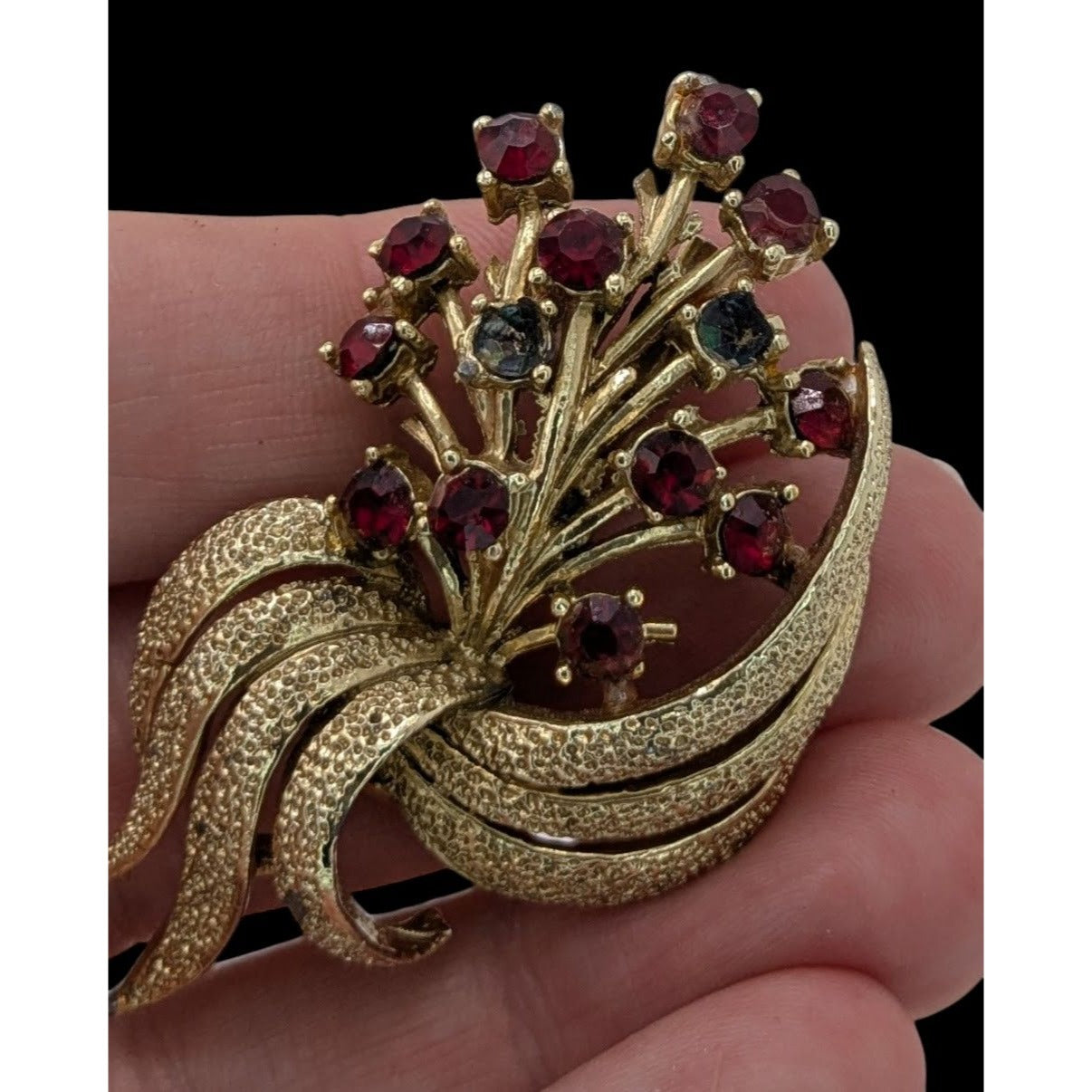 Vintage Red Rhinestone Floral Brooch Gold Tone Bouquet Statement Pin
