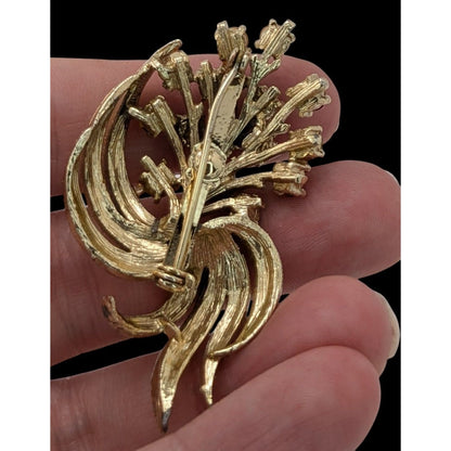 Vintage Red Rhinestone Floral Brooch Gold Tone Bouquet Statement Pin