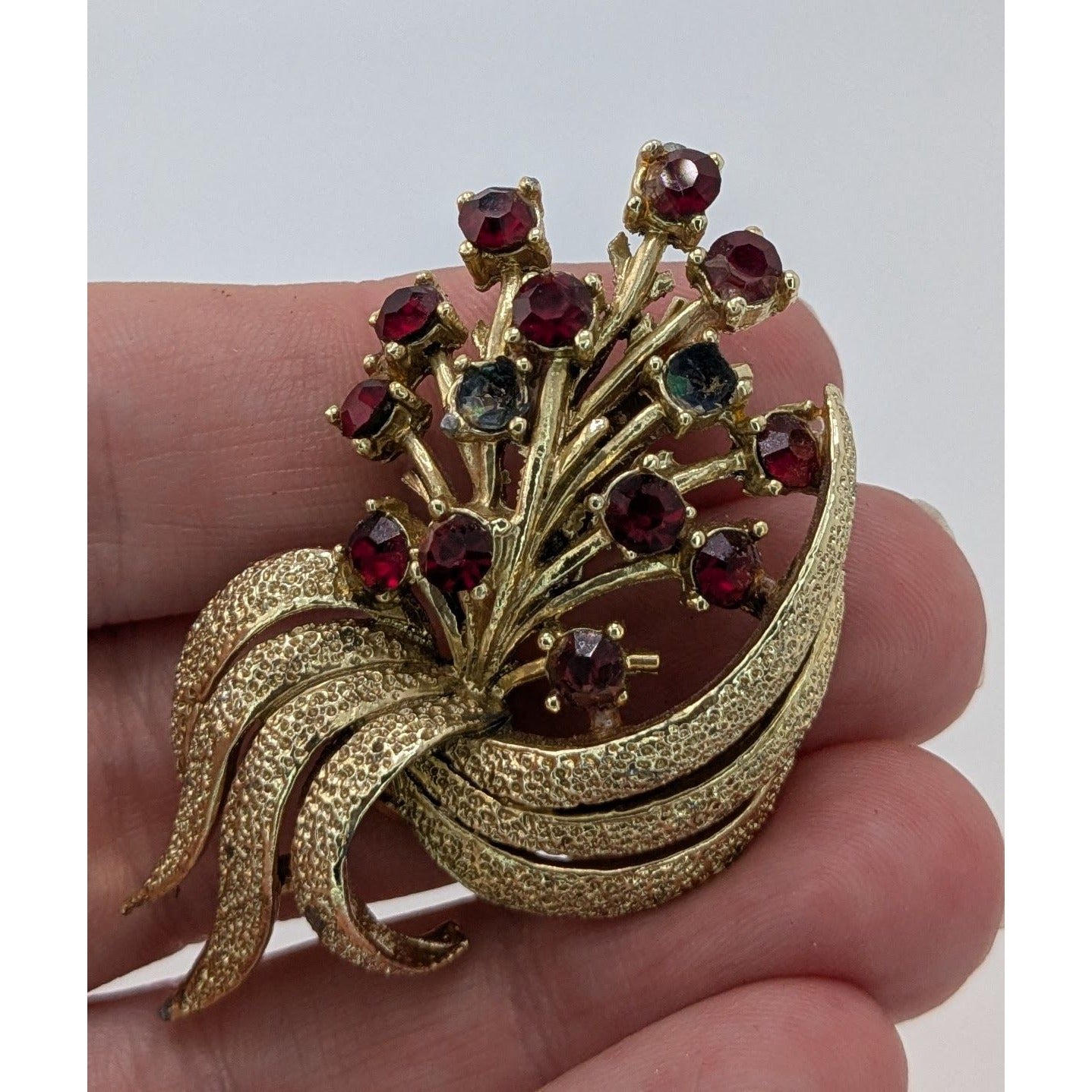 Vintage Red Rhinestone Floral Brooch Gold Tone Bouquet Statement Pin