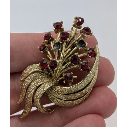 Vintage Red Rhinestone Floral Brooch Gold Tone Bouquet Statement Pin