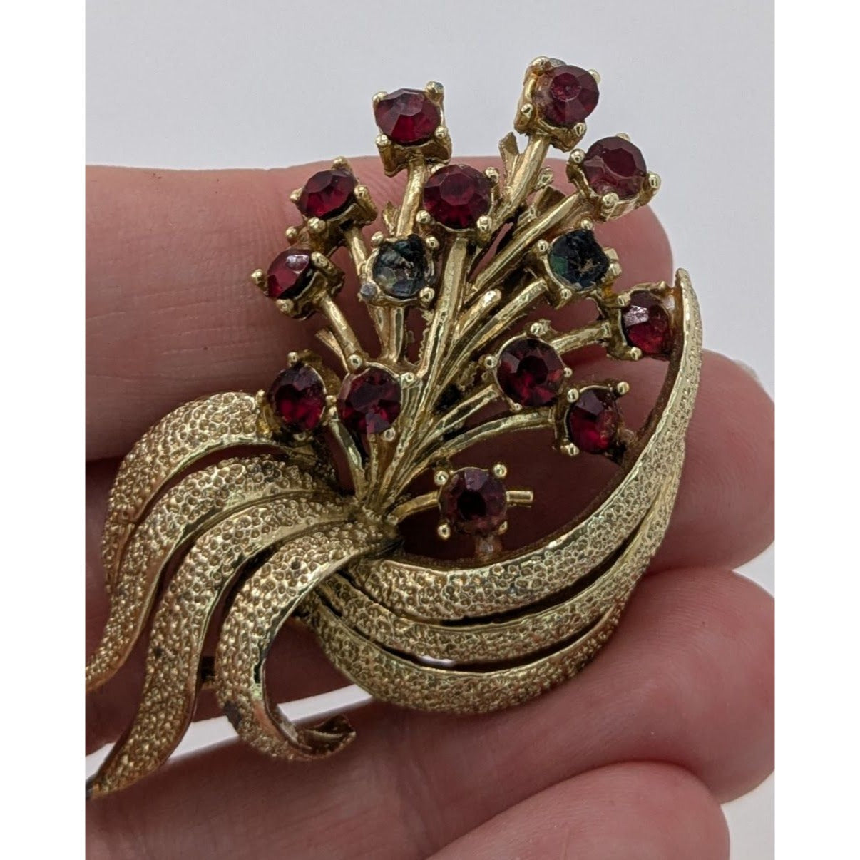 Vintage Red Rhinestone Floral Brooch Gold Tone Bouquet Statement Pin