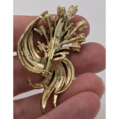 Vintage Red Rhinestone Floral Brooch Gold Tone Bouquet Statement Pin