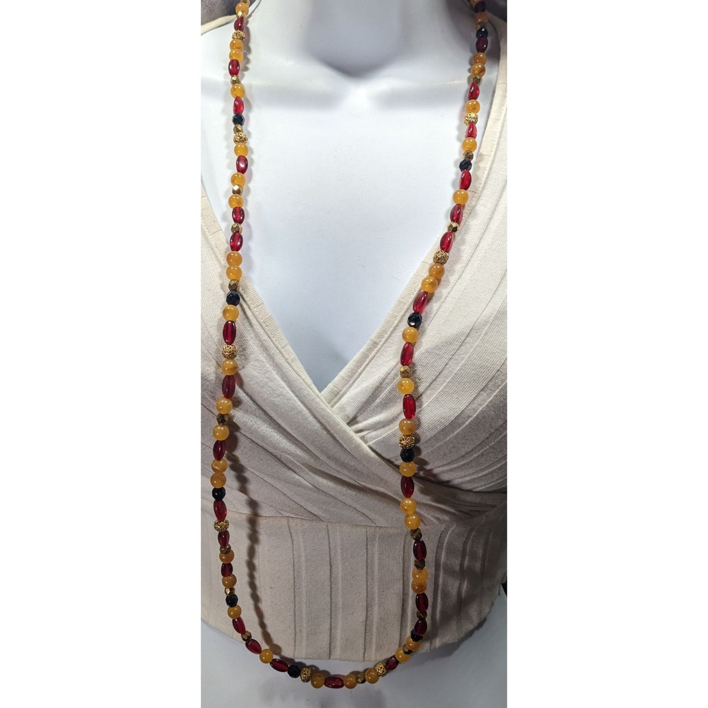 Vintage 1928 Red Yellow And Gold Tone Beaded Necklace