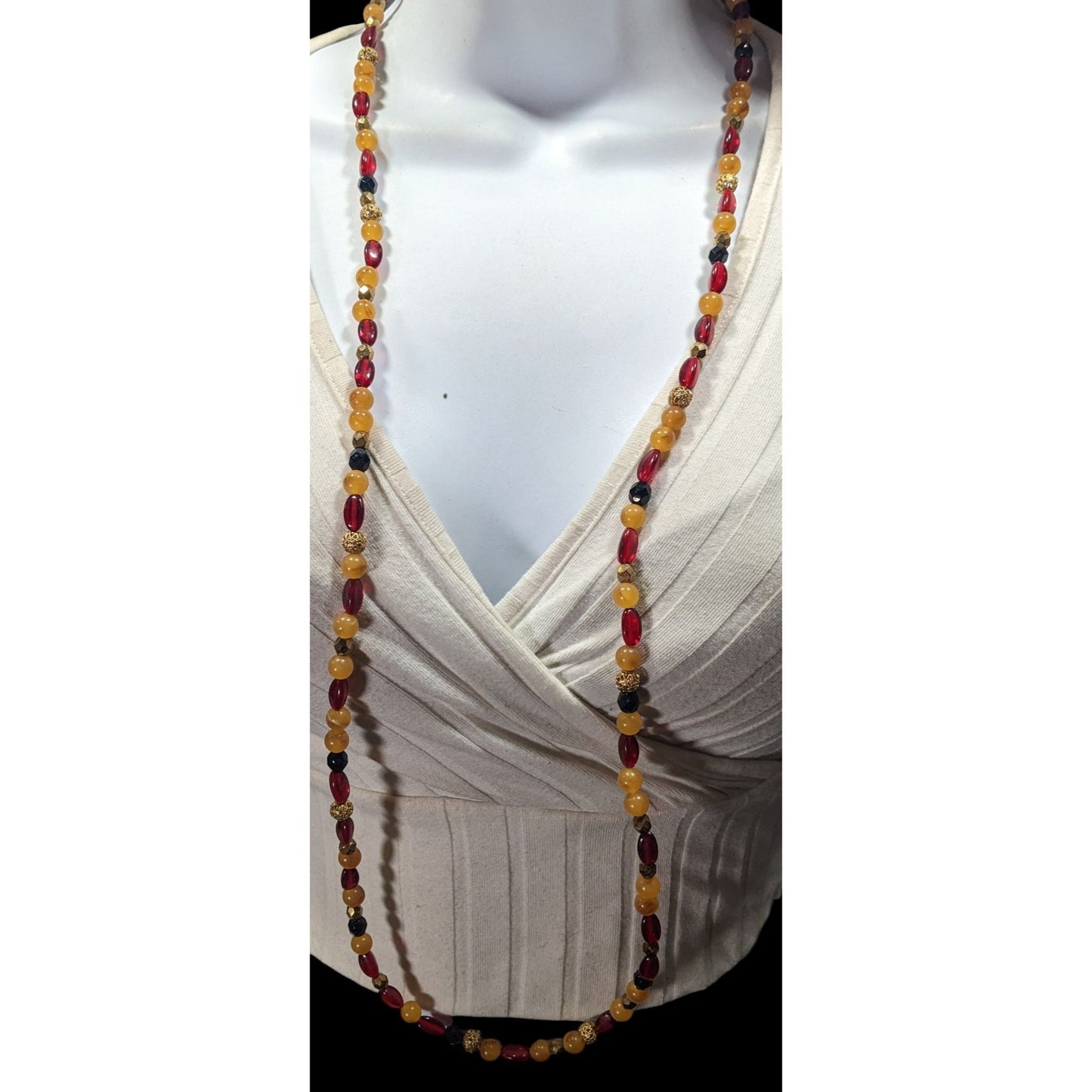 Vintage 1928 Red Yellow And Gold Tone Beaded Necklace