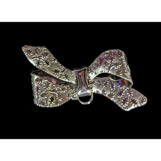 Coquette Floral Embossed Silver Tone Bow Brooch