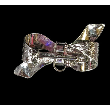 Coquette Floral Embossed Silver Tone Bow Brooch