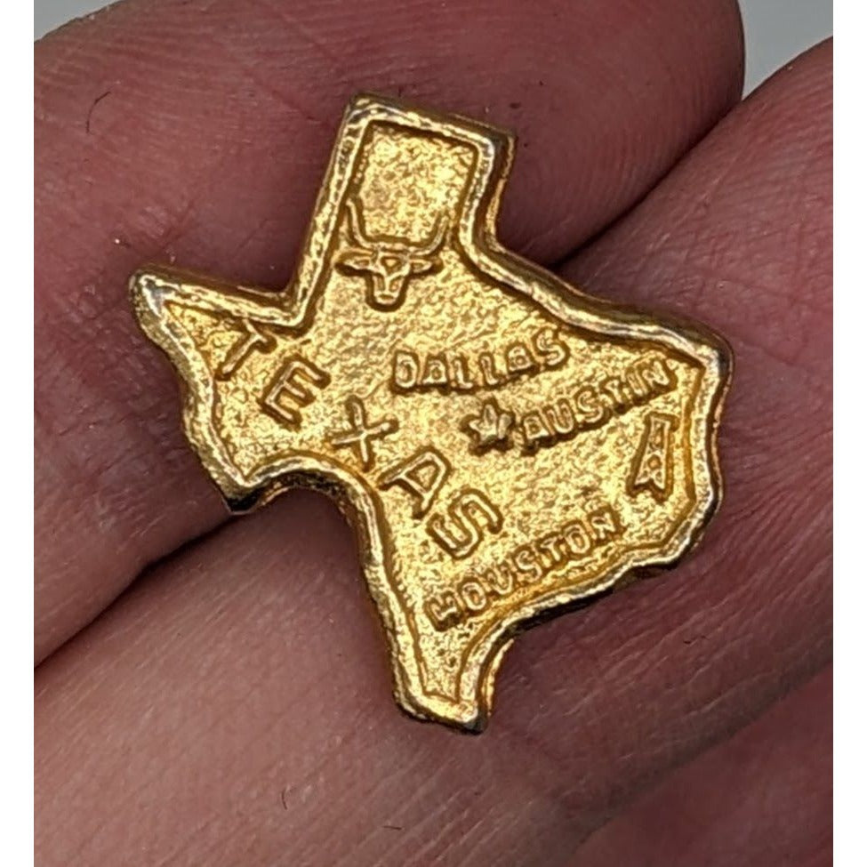 Texas-Shaped Gold-Tone Metal Pin With Cities & Bull Design 1 Inch Souvenir Gift