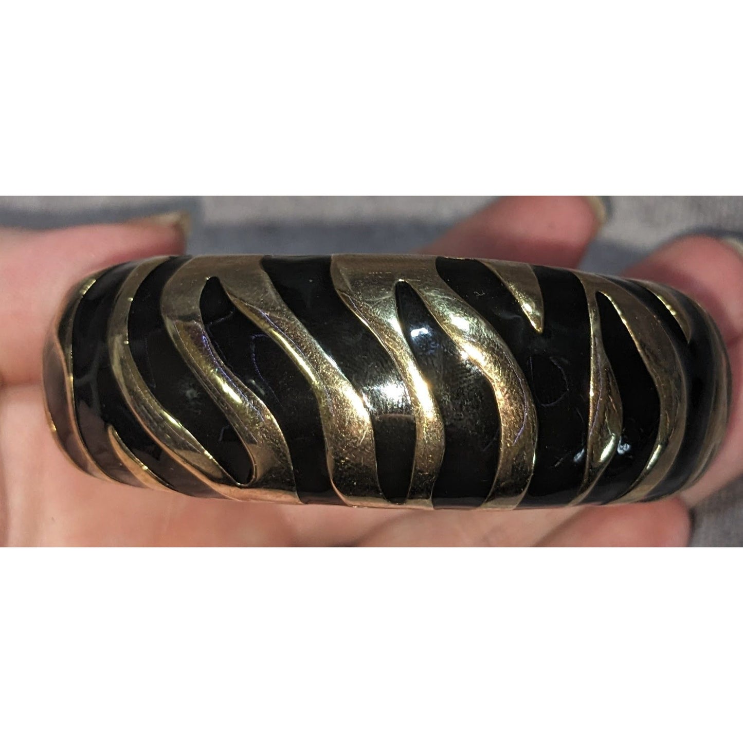 Vintage Glam Animal Print Black Enamel Gold Tone Zebra Clamper Bracelet