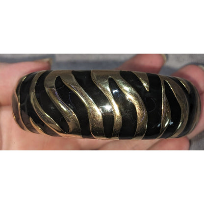 Vintage Glam Animal Print Black Enamel Gold Tone Zebra Clamper Bracelet